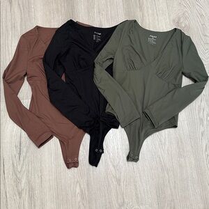BUNDLE NWOT V Plunge Long Sleeve Bodysuit Trio in Black, Brown, Green